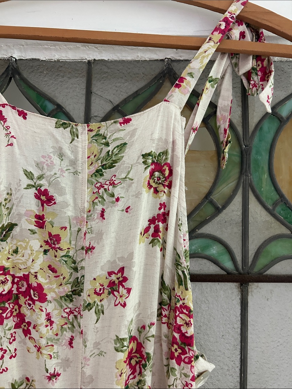 Mable Cream Floral Tie-Shoulder Jumpsuit with Pink and Green Print - Picture 5 of 9